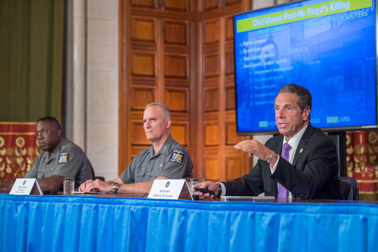 Gov. Andrew Cuomo appeared with members of the New York State Police at his daily briefing on Tuesday, where he criticized actions by the NYPD.